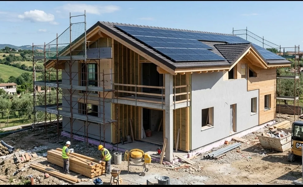 Casa con impianto fotovoltaico sul tetto durante i lavori
