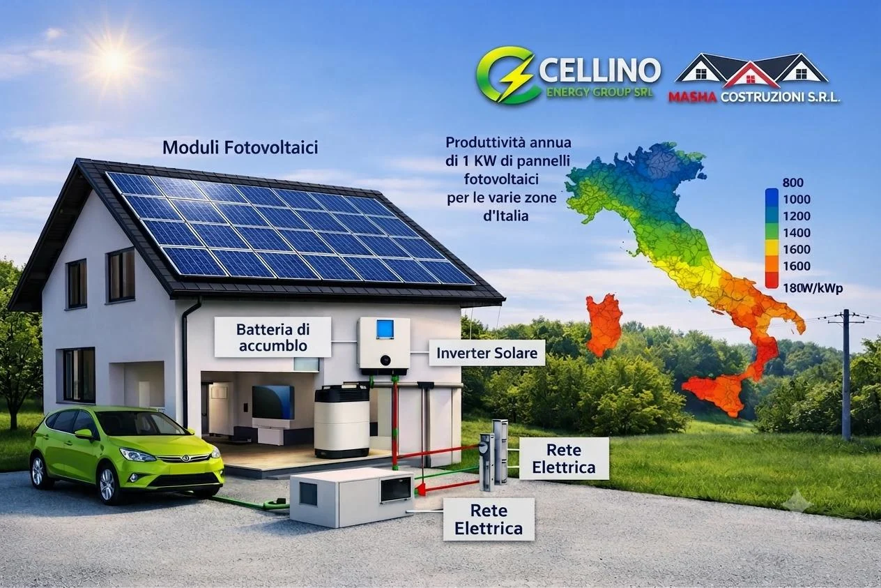 Schema di un impianto: moduli fotovoltaici sul tetto, inverter, batteria di accumulo e collegamento alla rete elettrica